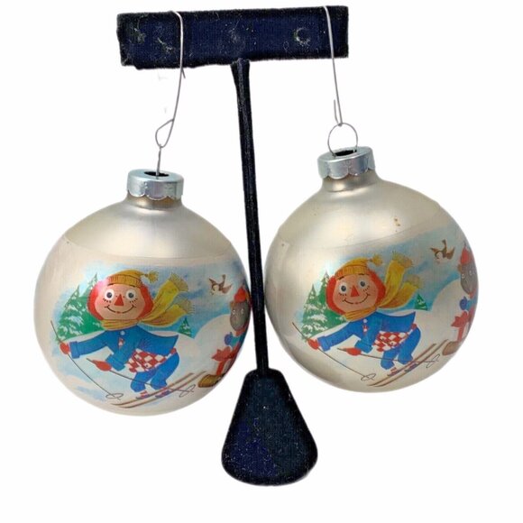 Vtg 1973 Raggedy Ann Andy Glass Christmas Ornaments Set Of 4 Ski Bobbs Merrill - Picture 10 of 11